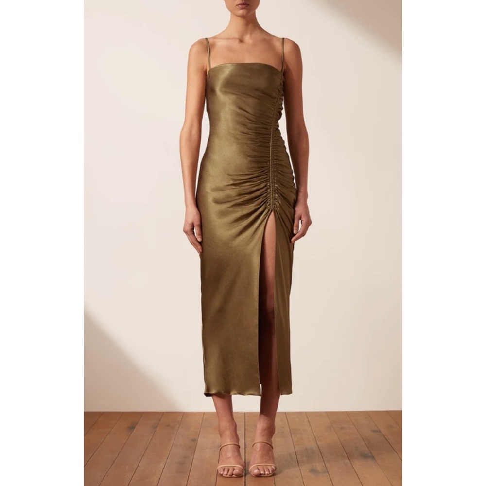 Shona Joy THALIA BIAS RUCHED MIDI DRESS - CUMIN